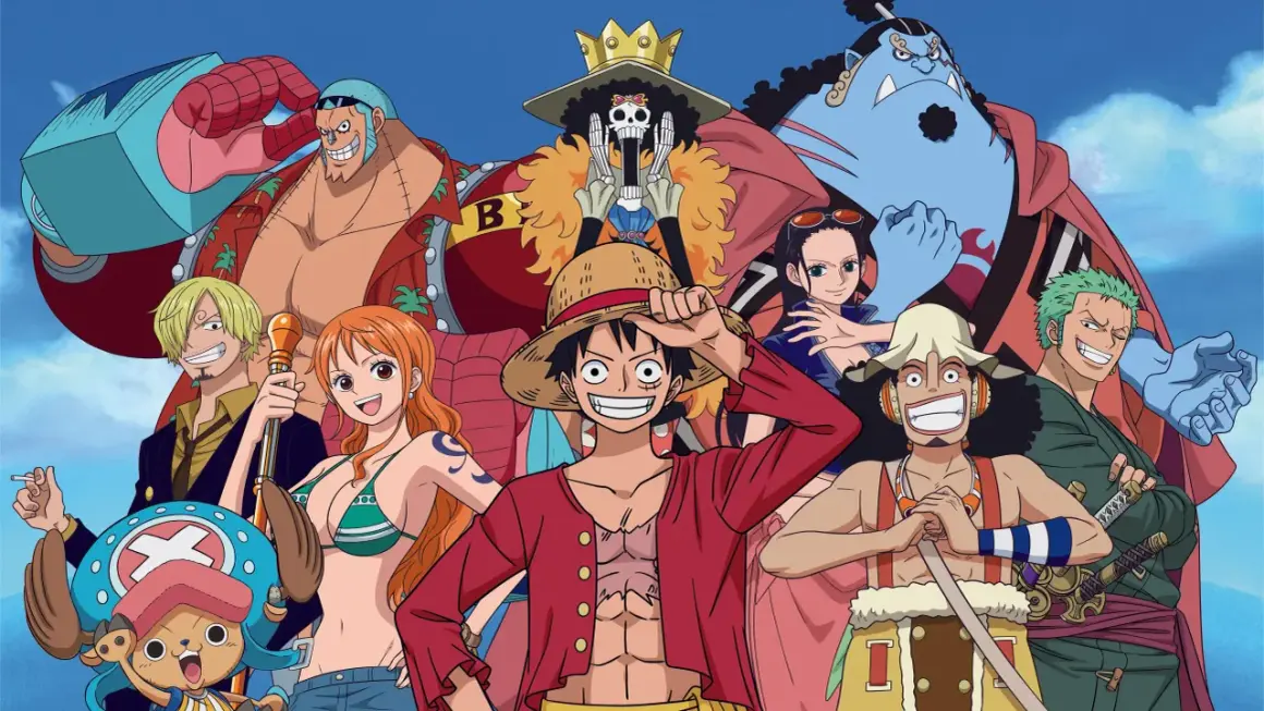 Die Strohhutpiraten versammeln sich für Staffel 1 von One Piece (Anime). Luffy, Nami, Sanji, Chopper, Brook, Franky, Robin, Jinbe und Zoro sind bereit für Abenteuer.