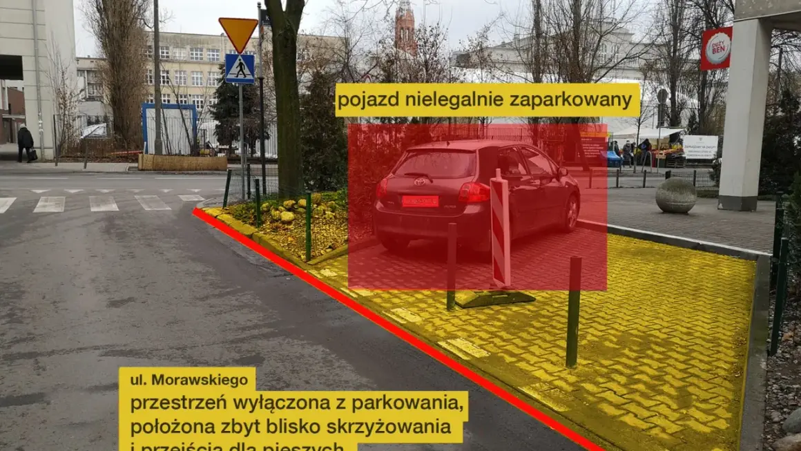 Czerwony obszar pokazuje, ile metrów od skrzyżowania można parkować. Pojazd stoi na zakazanym obszarze.