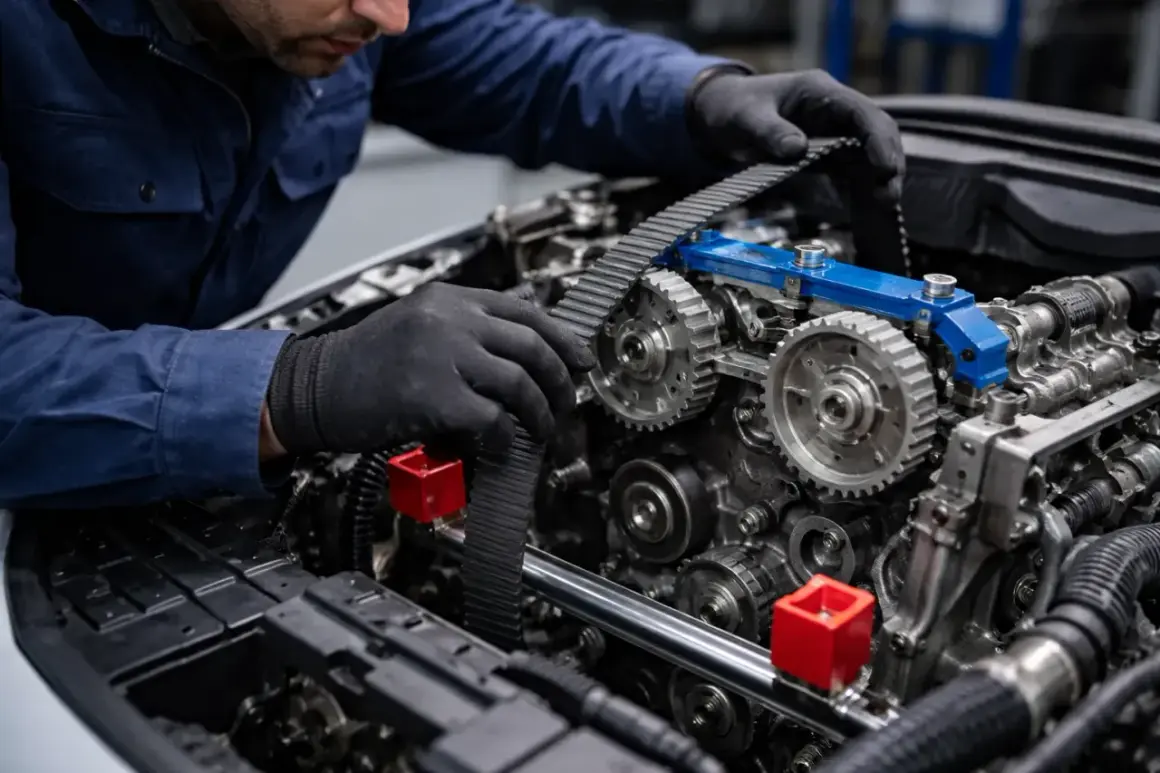 Mécanicien ajustant la courroie de distribution d'un moteur. Obtenez le meilleur tarif changement chaîne de distribution pour votre véhicule.