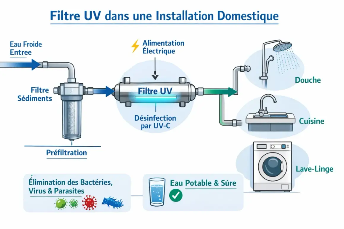 Schéma d'un filtre UV pour l'eau potable domestique : préfiltration, désinfection UV-C pour éliminer bactéries et virus, puis distribution vers douche, cuisine, lave-linge.