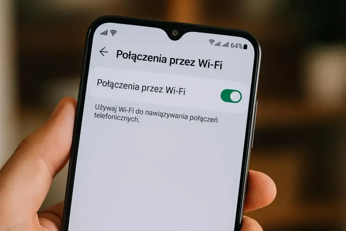 Ustawienia telefonu: włączone połączenia przez Wi-Fi. Używaj Wi-Fi do rozmów, gdy zasięg sieci komórkowej jest słaby.