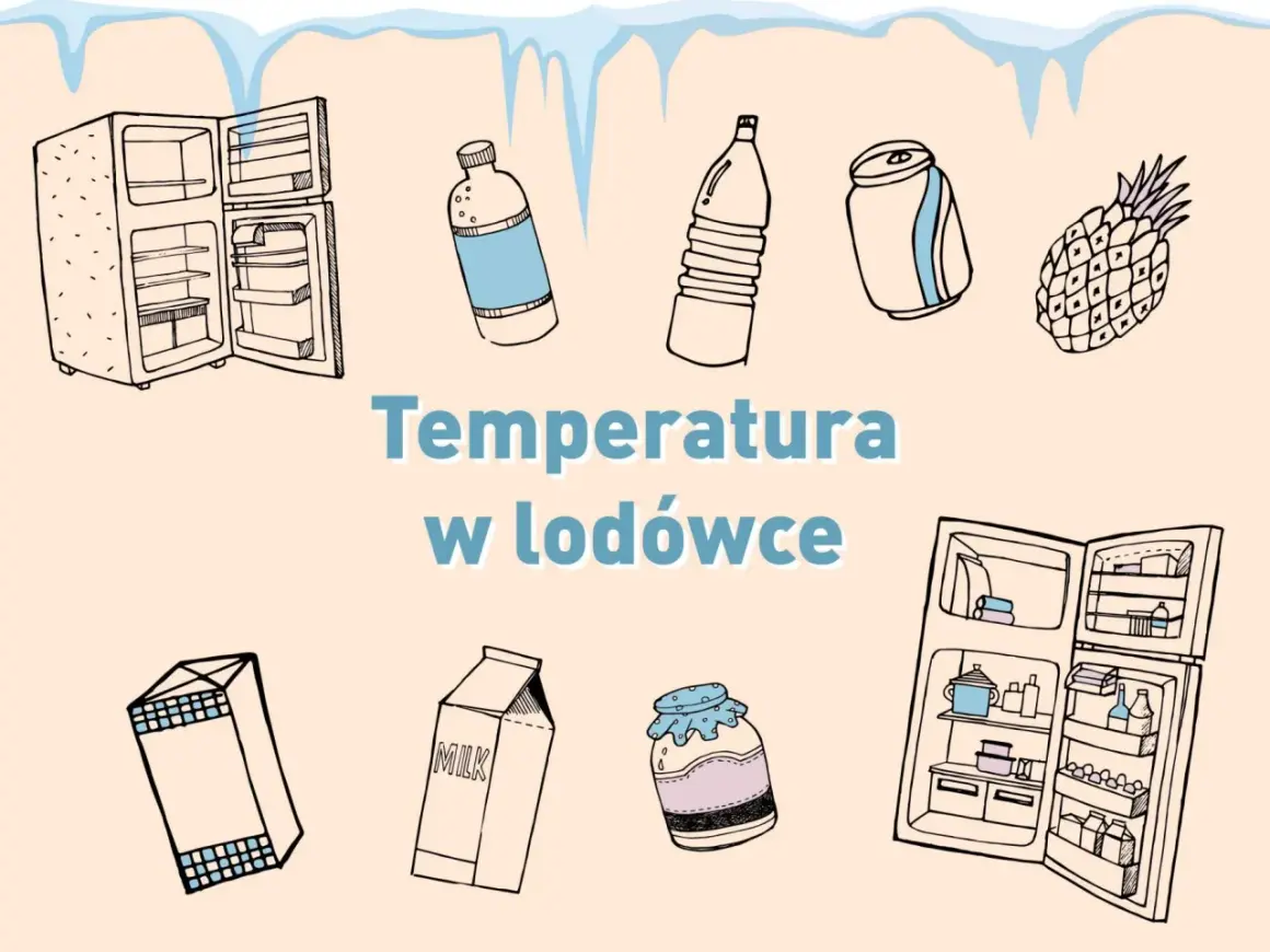 Ilustracja z otwartą lodówką, napojami, mlekiem, dżemem i ananasem.