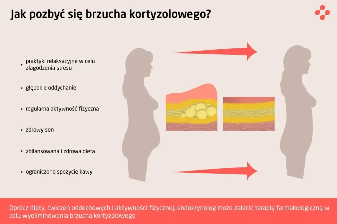 Grafika pokazuje, jak zredukować brzuch kortyzolowy. Wymienia metody: relaks, ćwiczenia oddechowe, aktywność fizyczną, zdrowy sen, dietę i ograniczenie kawy.