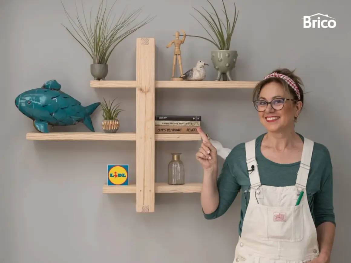 Estantería DIY de madera con pez decorativo, plantas y libros. Una mujer sonríe y señala la estantería.