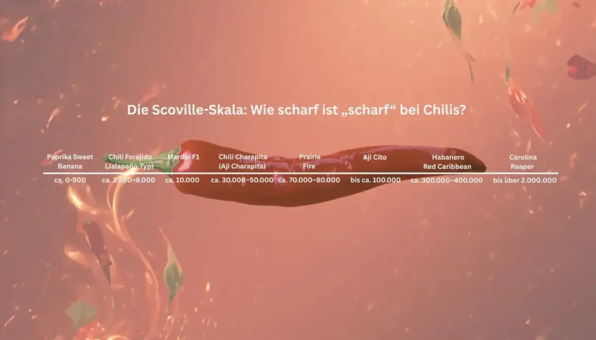 Die Scoville-Skala zeigt, wie viel Scoville hat eine Chili. Von milden Paprika bis zur extrem scharfen Carolina Reaper.