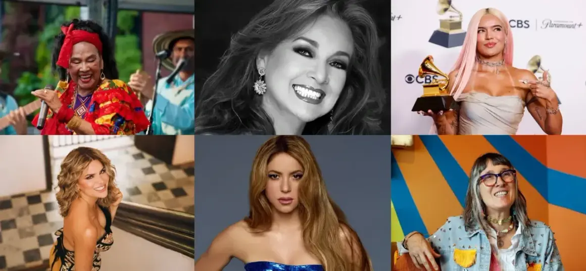 Seis artistas colombianos famosos: Totó la Momposina, Marbelle, Karol G, Greeicy Rendón, Shakira y Andrea Echeverri.