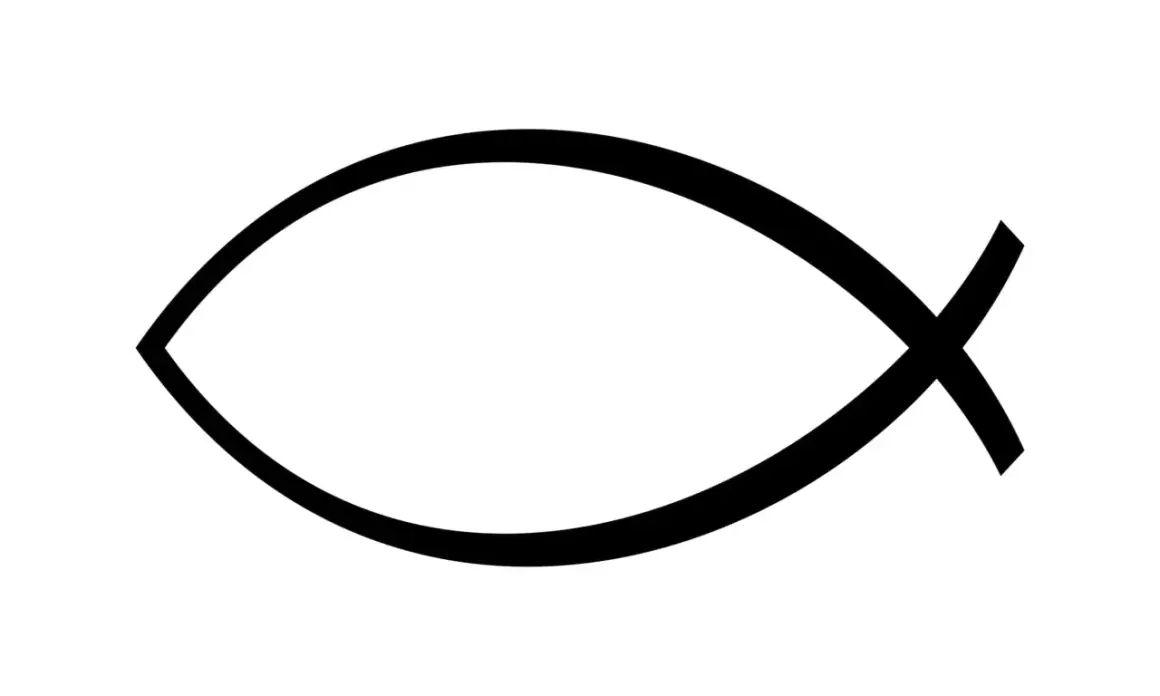 Prosty, czarny symbol ryby, starochrześcijański symbol Chrystusa, na białym tle.