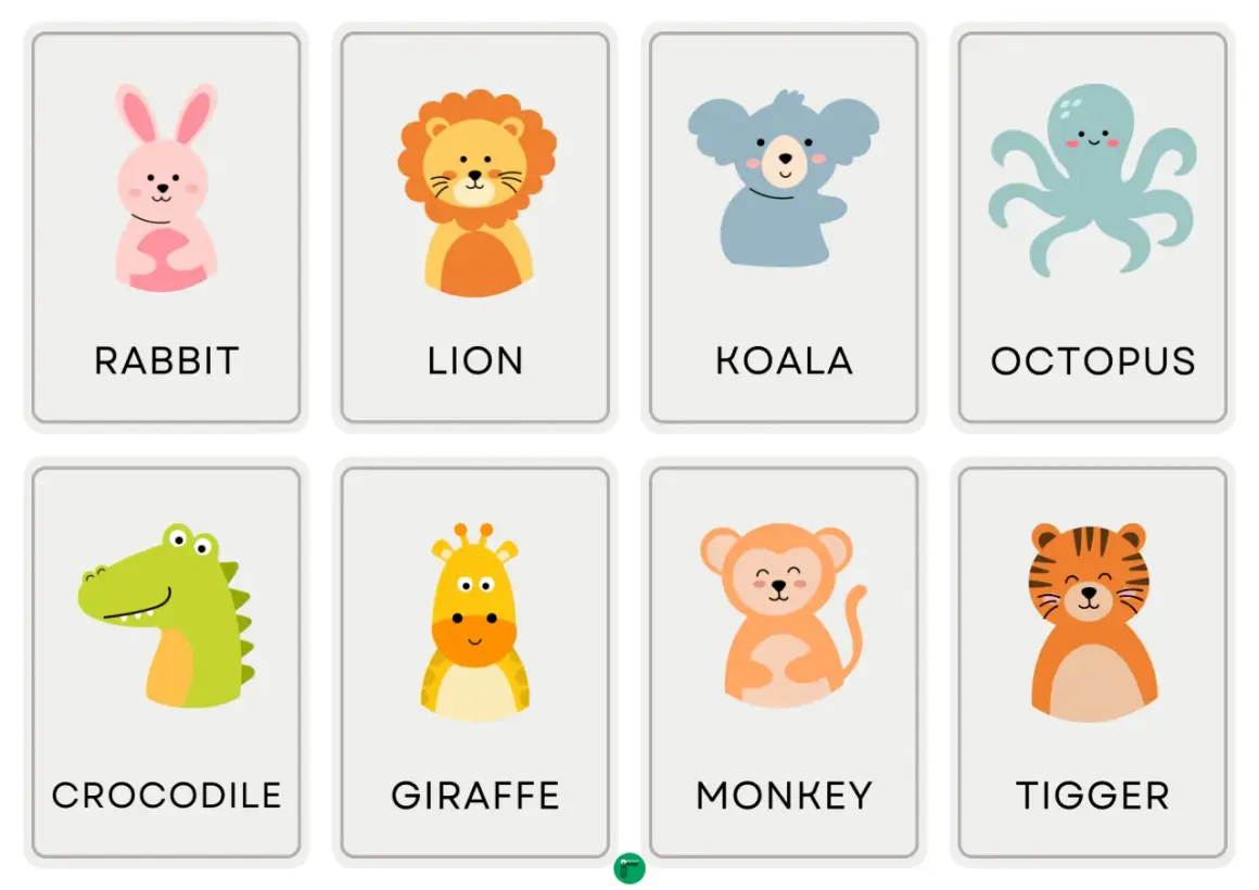 Tarjetas educativas con dibujos de animales en inglés: conejo, león, koala, pulpo, cocodrilo, jirafa, mono y tigre.