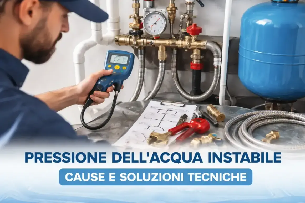 Un tecnico controlla la pressione dell'acqua con un manometro. Sul tavolo, strumenti e schemi per risolvere problemi di pressione.