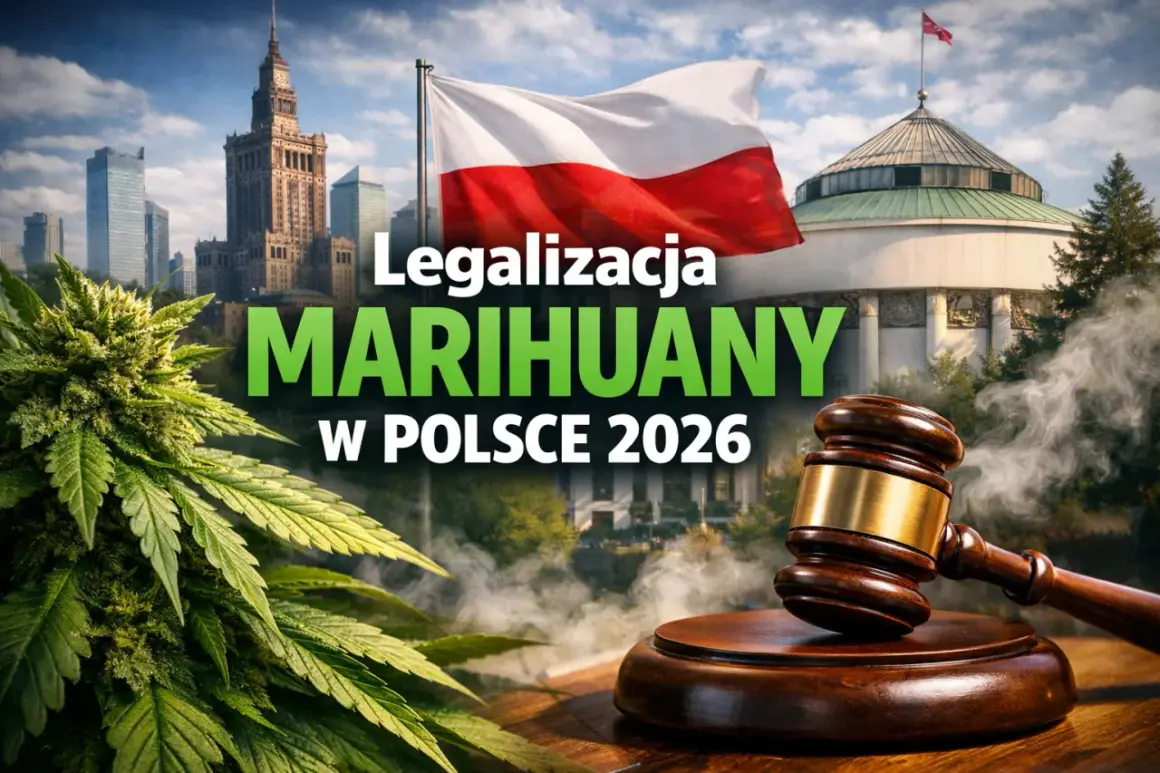 Konopie, polska flaga, budynek Sejmu i młotek sędziowski na tle Warszawy.