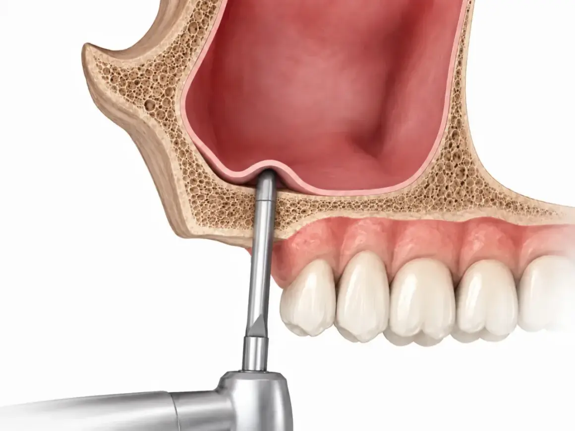 Ilustración de elevación de seno maxilar, mostrando un instrumento dental elevando la membrana sinusal para crear espacio para el injerto óseo.