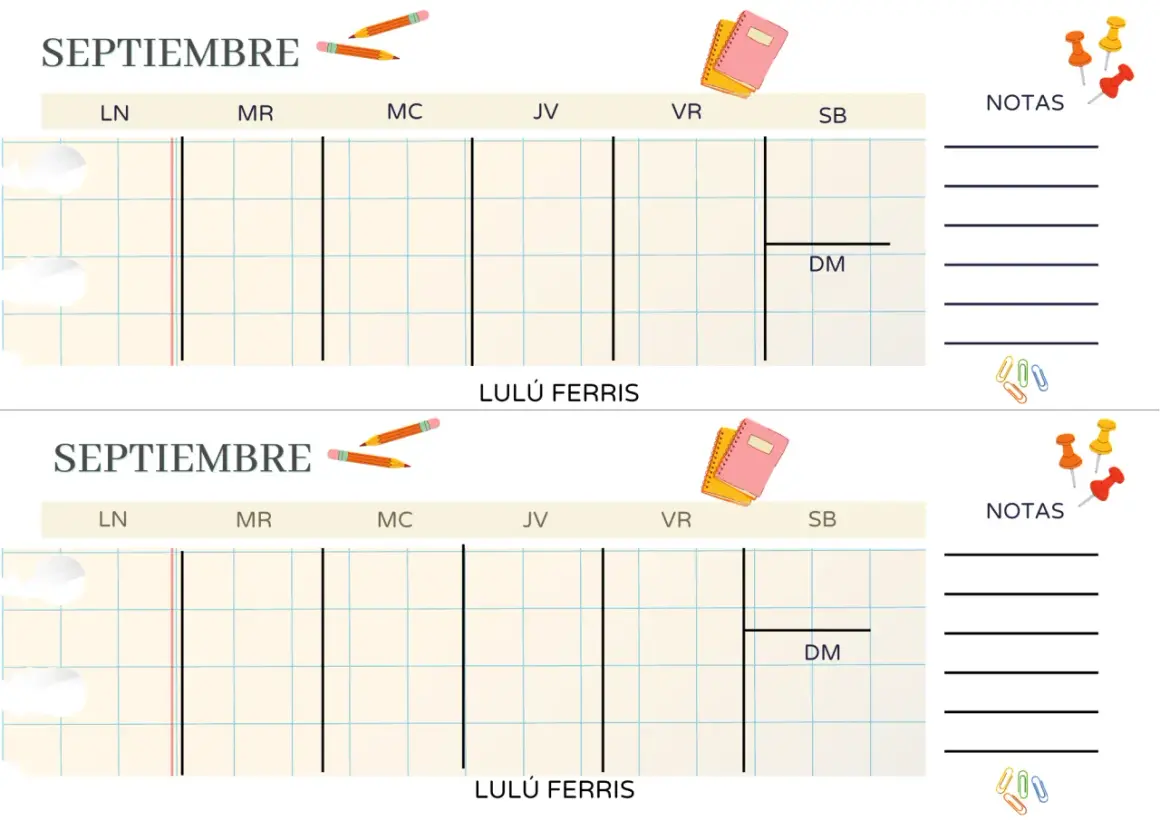 Calendario de septiembre con espacio para notas. Lápices y libretas decoran el diseño.