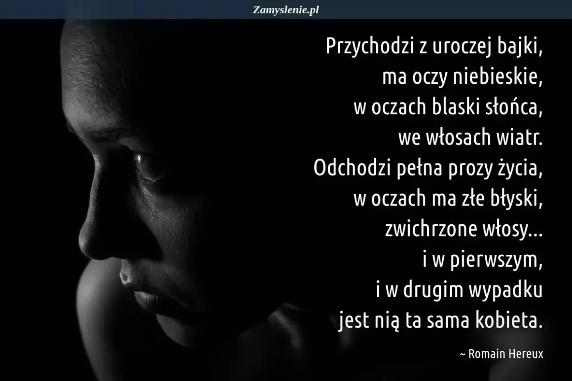 Krótkie wiersze o oczach: niebieskie, pełne słońca, potem złe błyski. Ta sama kobieta, różne spojrzenia.