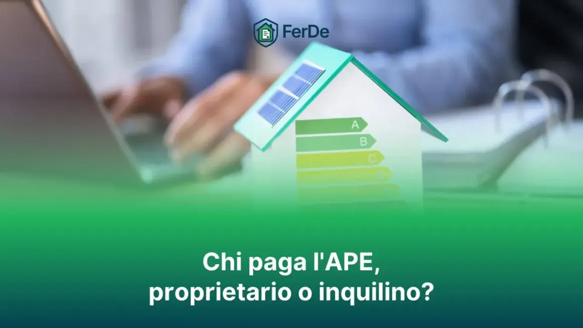 Modello di casa con pannelli solari e scala di efficienza energetica. La domanda chiave: certificato APE, chi lo paga? Proprietario o inquilino?