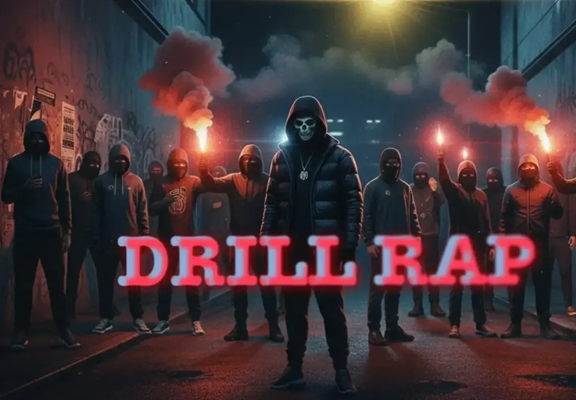 Grupa zamaskowanych osób z flarami, centralnie postać w kapturze z maską czaszki. Napis "DRILL RAP" sugeruje jeden z rodzajów rapu.