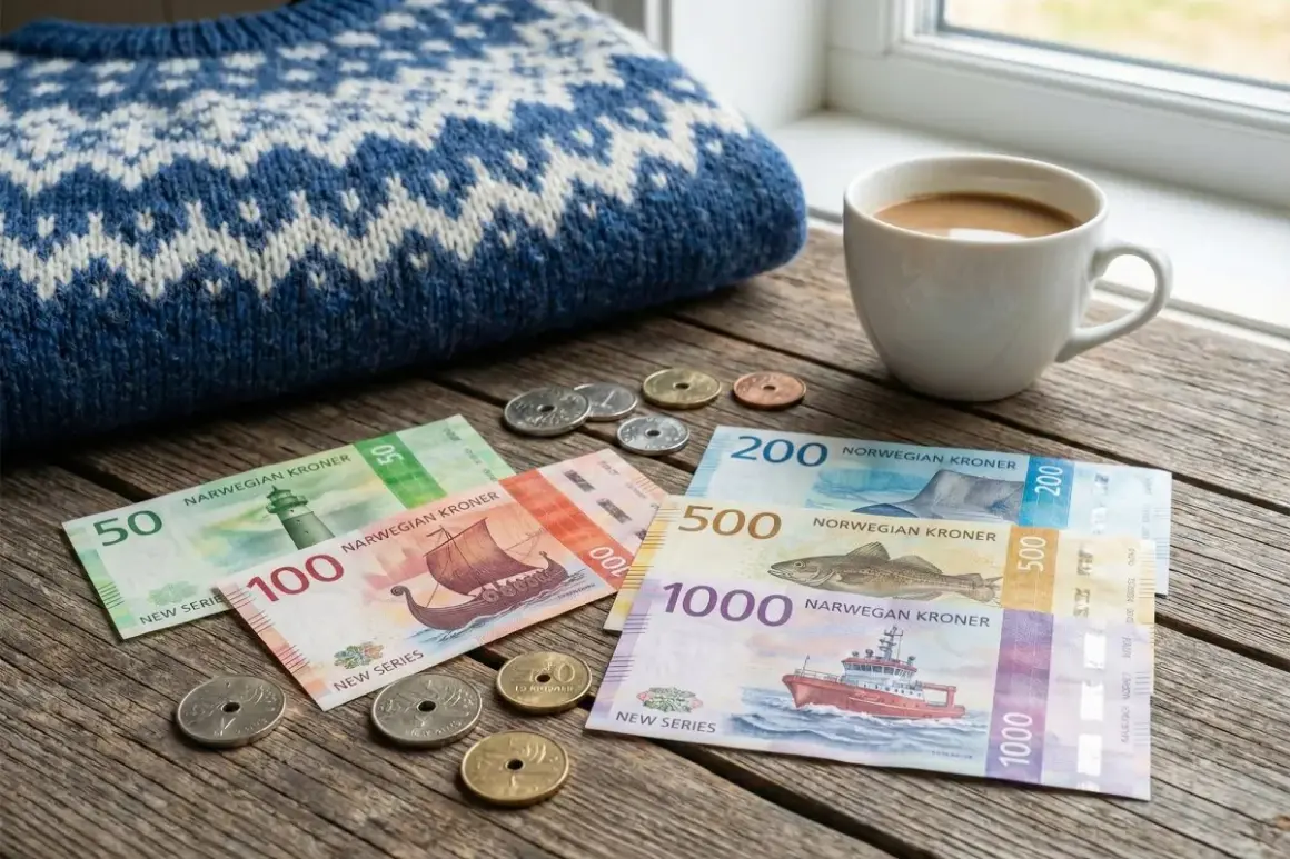 Norweskie banknoty i monety leżą obok kubka kawy i swetra. Zastanawiasz się, co z koroną norweską?