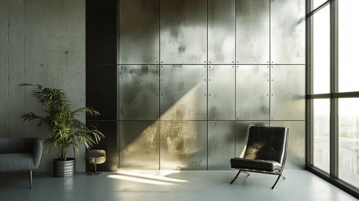 Un fauteuil en cuir noir et une plante verte devant un mur de panneaux de métal zinc patiné, éclairé par un rayon de soleil.
