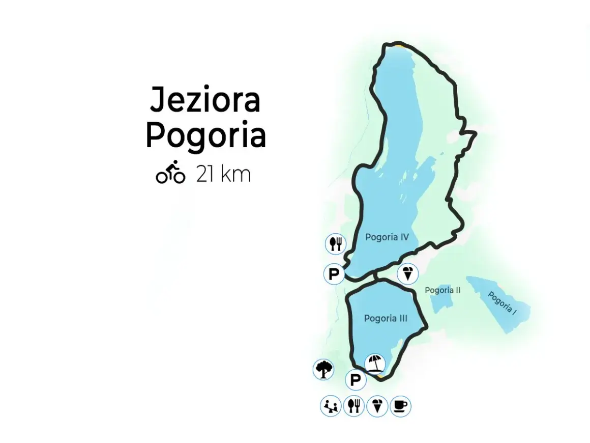 Mapa z trasami rowerowymi wokół Jeziora Pogoria. Długość trasy 21 km.