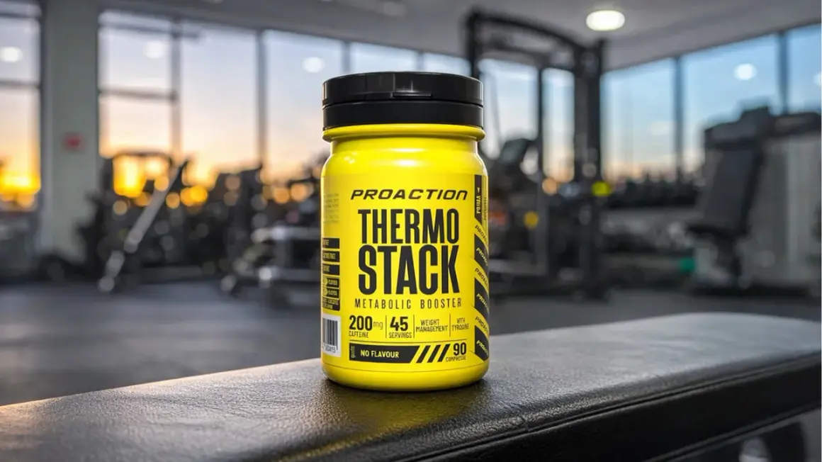 Barattolo giallo di Thermo Stack, un integratore termogenico, in palestra. Quanto tempo da risultati? Dipende dal tuo impegno.