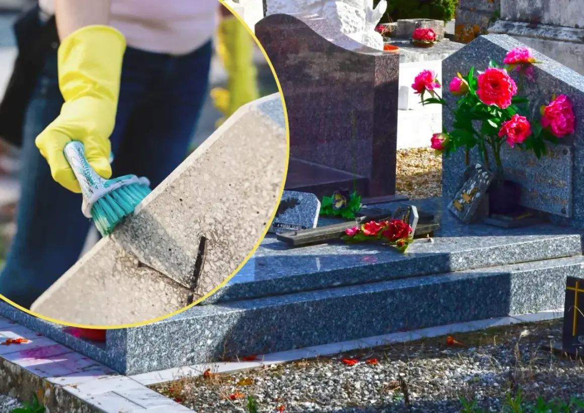 Rękawiczki i szczotka do mycia pomnika wodą z octem. Proporcje mieszanki są kluczowe dla skutecznego czyszczenia nagrobków.