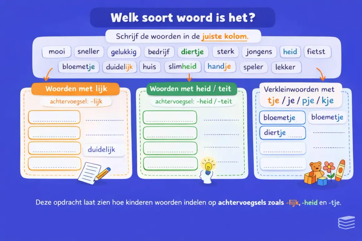 Dictee groep 7: woorden met -lijk, -heid/-teit en verkleinwoorden met -tje/-je/-pje/-kje.