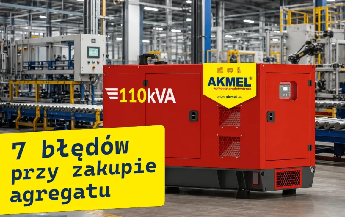 Czerwony agregat prądotwórczy 110kVA marki AKMEL w hali produkcyjnej. Obok żółta tablica z napisem "7 błędów przy zakupie agregatu".