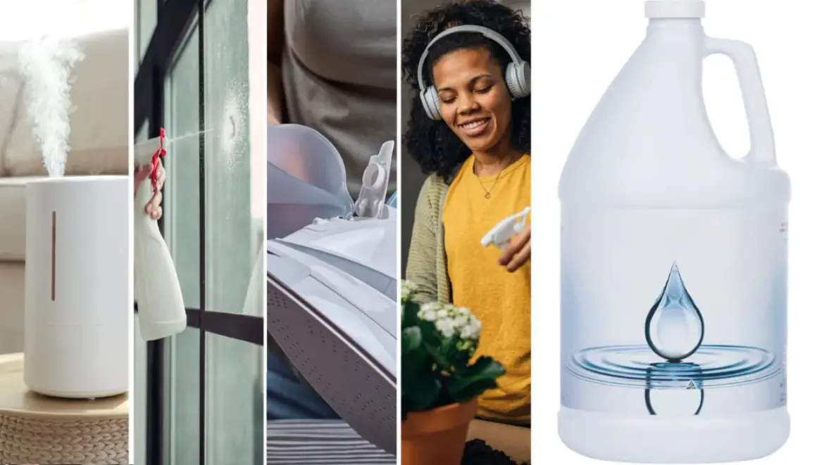 Humidificateur, nettoyage de vitres, remplissage de fer à repasser, arrosage de plantes, et une bouteille d'eau sans minéraux.