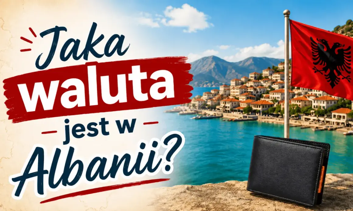 Jaka waluta jest w Albanii? Czarny portfel na tle malowniczego wybrzeża i flagi Albanii.