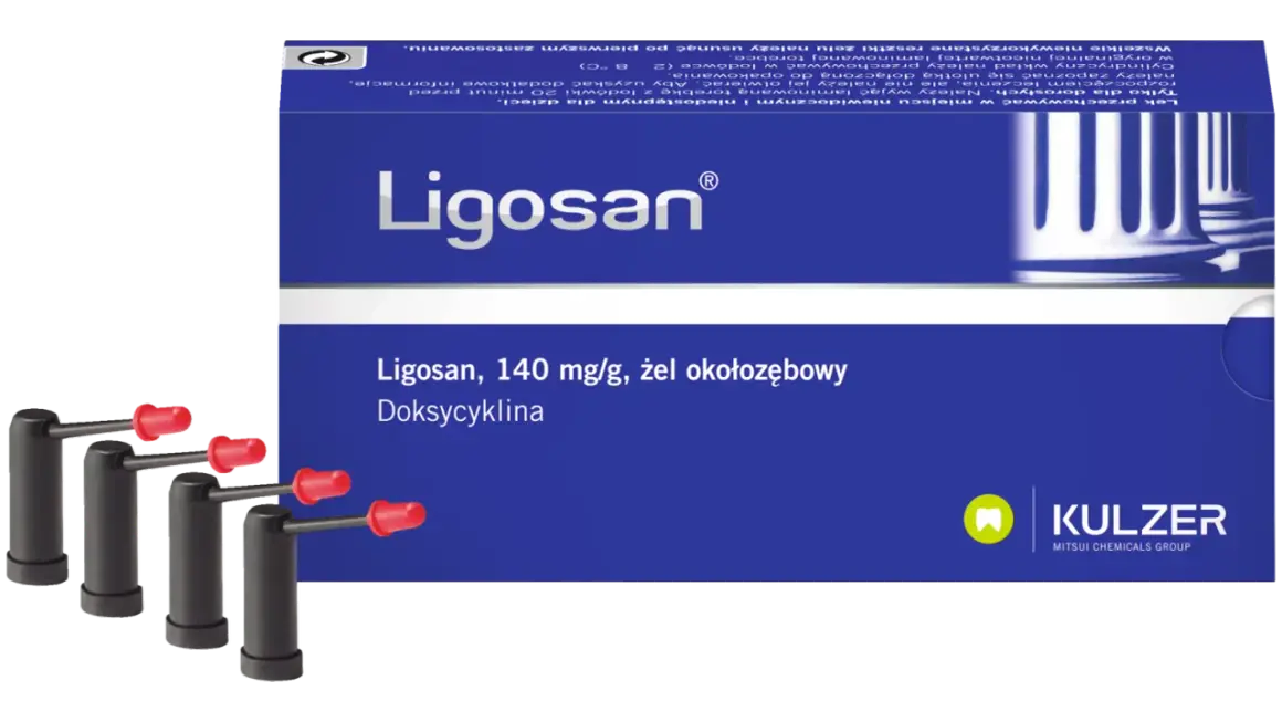 Ligosan, żel okołozębowy z doksycykliną, w opakowaniu z aplikatorami. Lek dla dorosłych.