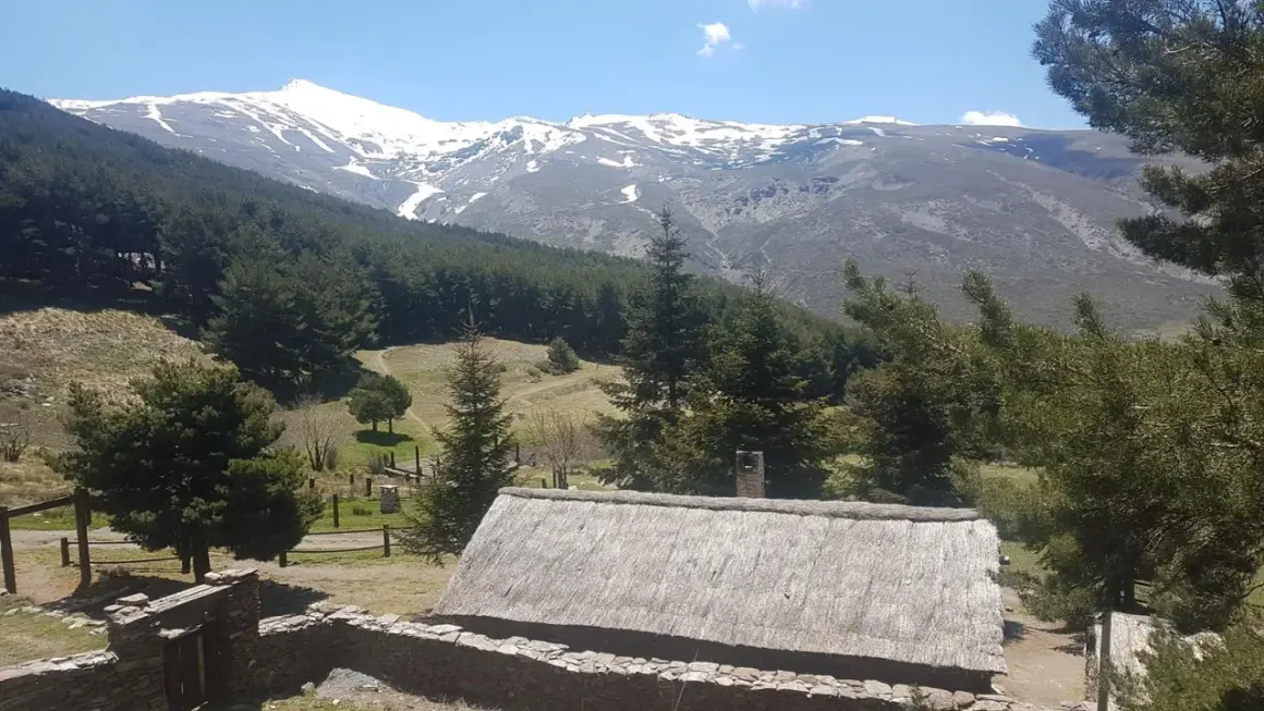 Casa rural con tejado de paja y montañas nevadas al fondo, un paisaje idílico de la fuente alta Sierra Nevada.