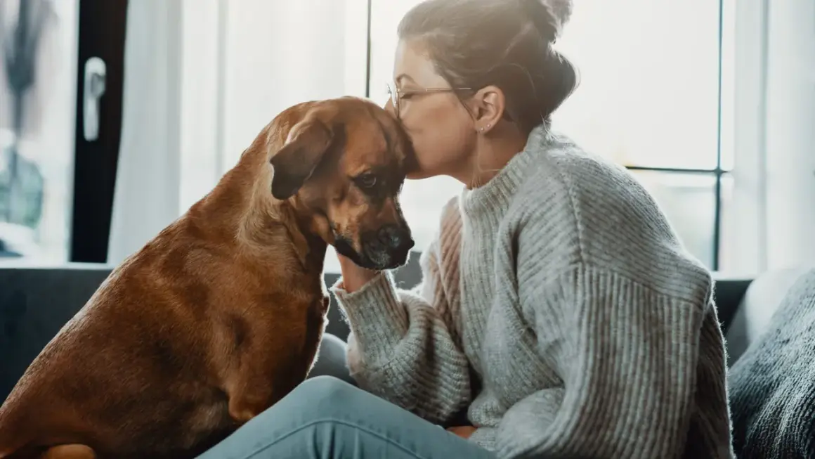 Mujer besa la frente de su perro, un momento tierno que demuestra que se puede sacrificar un perro por amor.
