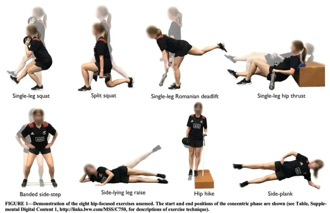 Huit exercices pour le moyen fessier : squat sur une jambe, fente, soulevé de terre roumain sur une jambe, hip thrust sur une jambe, pas latéraux bandés, élévation latérale de jambe, hip hike, planche latérale.