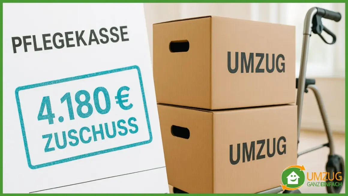 Pflegekasse zeigt 4.180€ Zuschuss. Umzugskosten bei Pflegegrad 3 werden so erleichtert. Umzugskartons und ein Rollator sind zu sehen.