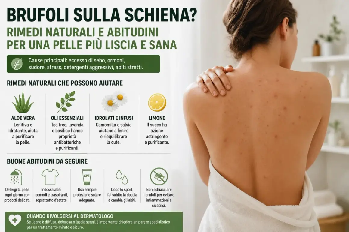 Schiena con brufoli, cause comuni come sebo e ormoni. Rimedi naturali e buone abitudini per una pelle più liscia.