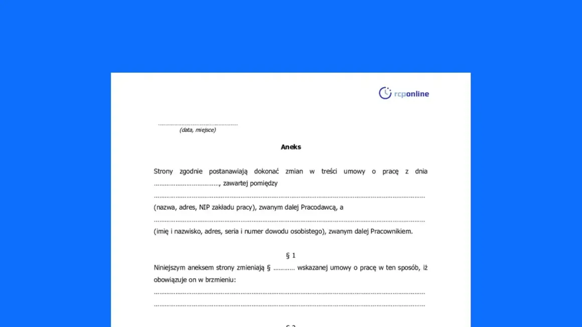 Dokument "Aneks" do umowy o pracę, zawierający dane stron i postanowienia zmian.