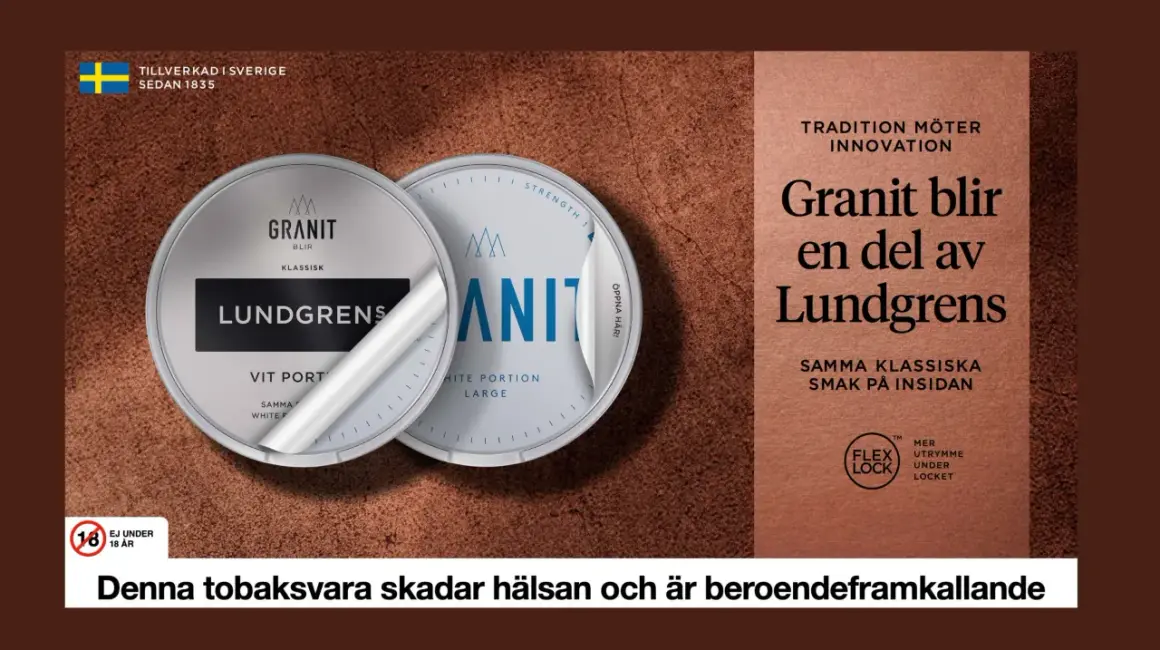 Two snus cans, one Lundgrens and one Granit, are shown with text about tradition and innovation.