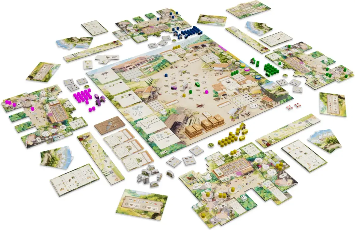 Brettspiel "La Granja Deluxe" mit vielen Komponenten: Spielbrett, Karten, Holzfiguren und mehr.
