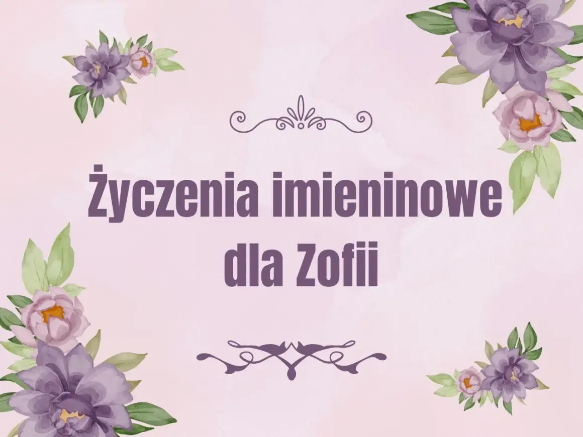 Elegancka kartka z fioletowymi kwiatami i napisem "Życzenia imieninowe dla Zofii".