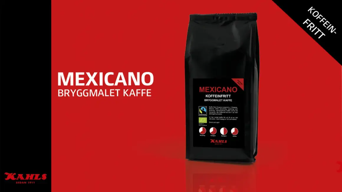 Svart påse med "MEXICANO KOFFEINFRITT BRYGGMALET KAFFE". Texten "KOFFEIN-FRITT" syns tydligt. Frågan om hur mycket koffein i koffeinfritt kaffe besvaras av att detta kaffe är koffeinfritt.