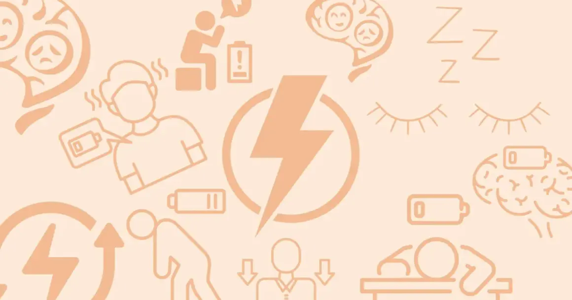 Ilustracja przedstawia różne obszary życia, gdzie ludzie są wyczerpani, z niskim poziomem baterii, symbolizującym brak energii.