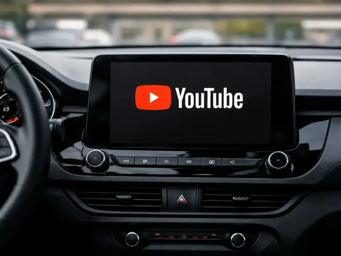 Ekran samochodu z logo YouTube, gotowy do odtwarzania filmów przez Android Auto.