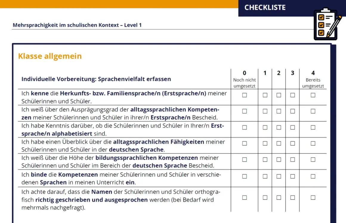 Checkliste zur Erfassung der Sprachenvielfalt im Unterricht. Hilft bei der individuellen Vorbereitung und der schreibkonferenz.