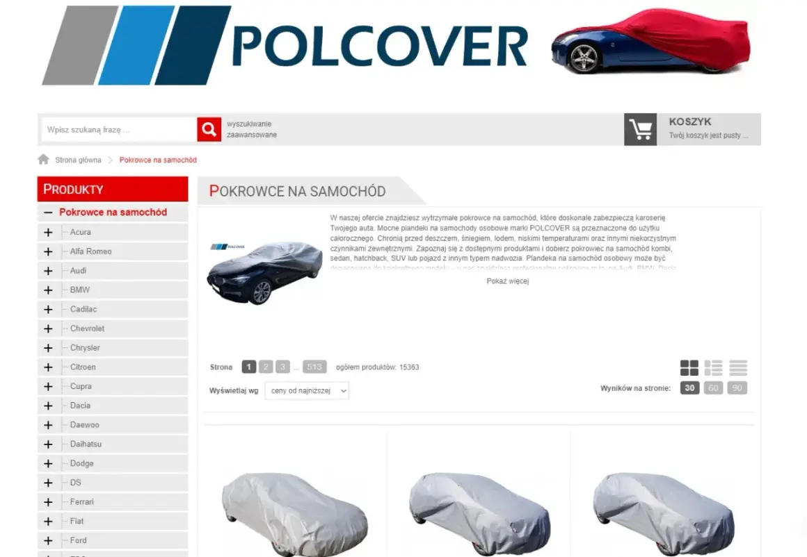 Emblemat POLCOVER na stronie z pokrowcami na samochody. Znajdziesz tu plandeki na auta różnych marek.