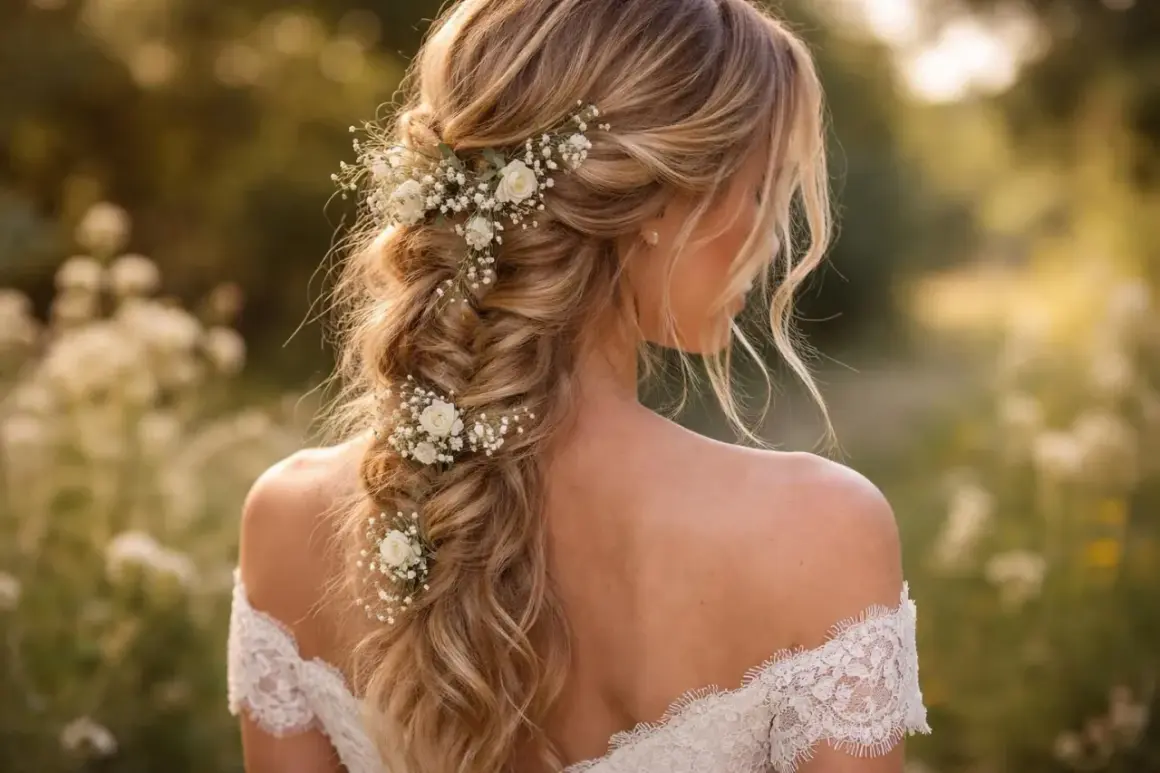 Coiffure bohème chic avec tresse ornée de petites fleurs blanches. Une mariée rayonnante dans un décor champêtre.