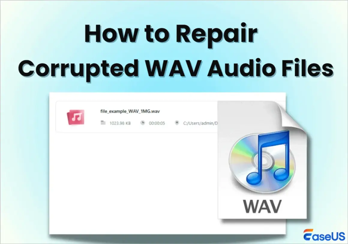 Learn how to play WAV files by repairing corrupted audio. This image shows a WAV file in a file explorer and a WAV icon.