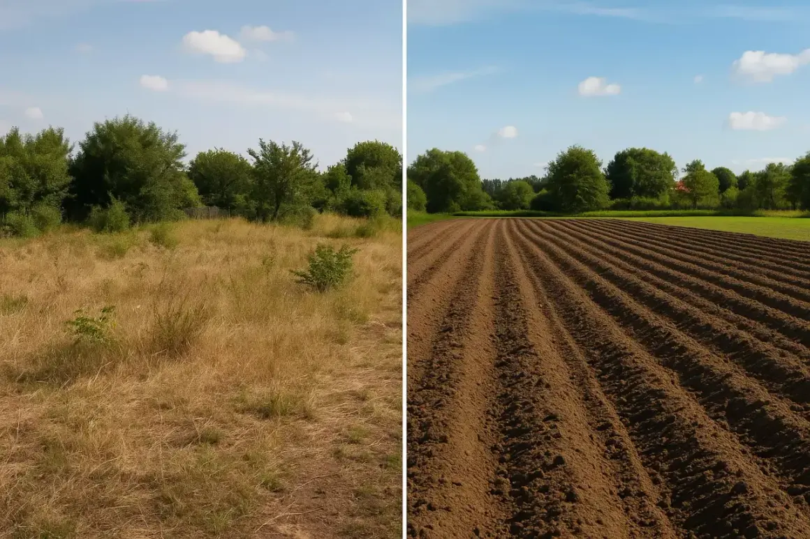 Due diversi tipi di terreni: un campo incolto con erba secca e un campo arato con solchi ordinati, pronti per la semina.