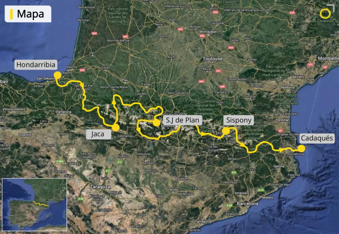 Mapa de la ruta transpirenaica, con puntos clave como Hondarribia, Jaca, S.J de Plan, Sispony y Cadaqués.
