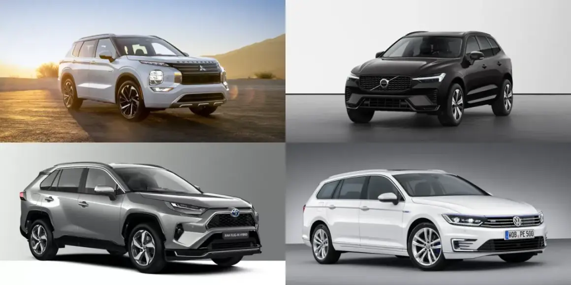 Fyra modeller av bra hybridbilar: Mitsubishi Outlander, Volvo XC60, Toyota RAV4 och Volkswagen Passat.