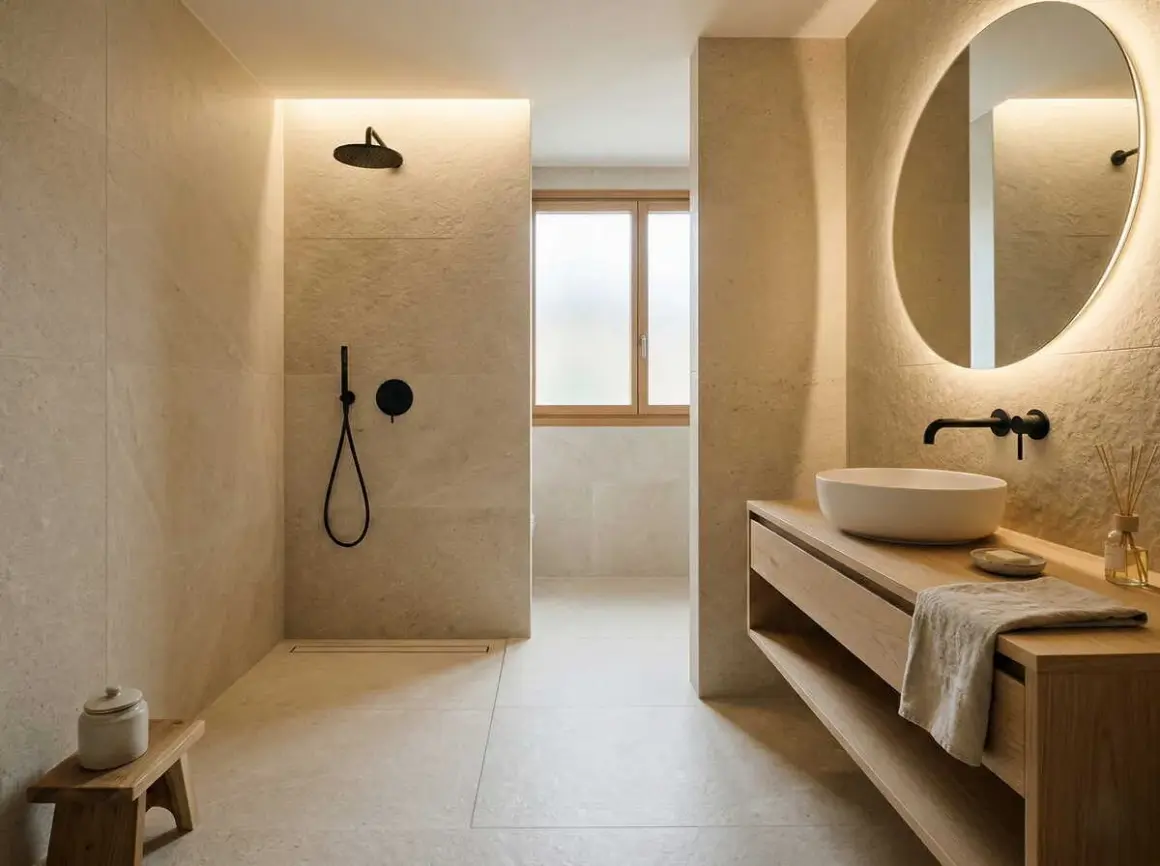 Un baño moderno con ducha empotrada, lavabo sobre mueble de madera y espejo circular iluminado, evocando la serenidad de los baños japoneses.