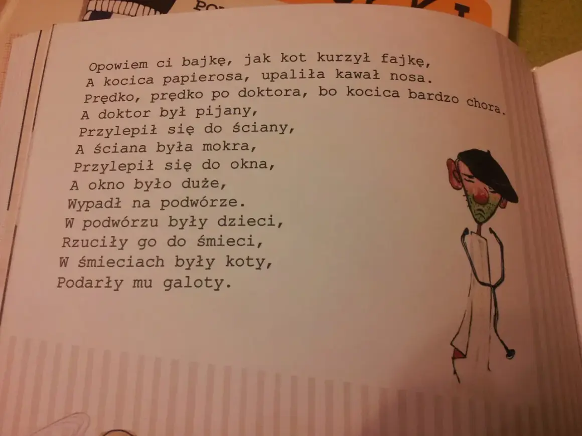 Zabawne rymowanki dla dorosłych o kocie, kocicy i pijanym doktorze. Ilustracja przedstawia doktora z wąsami i fajką.